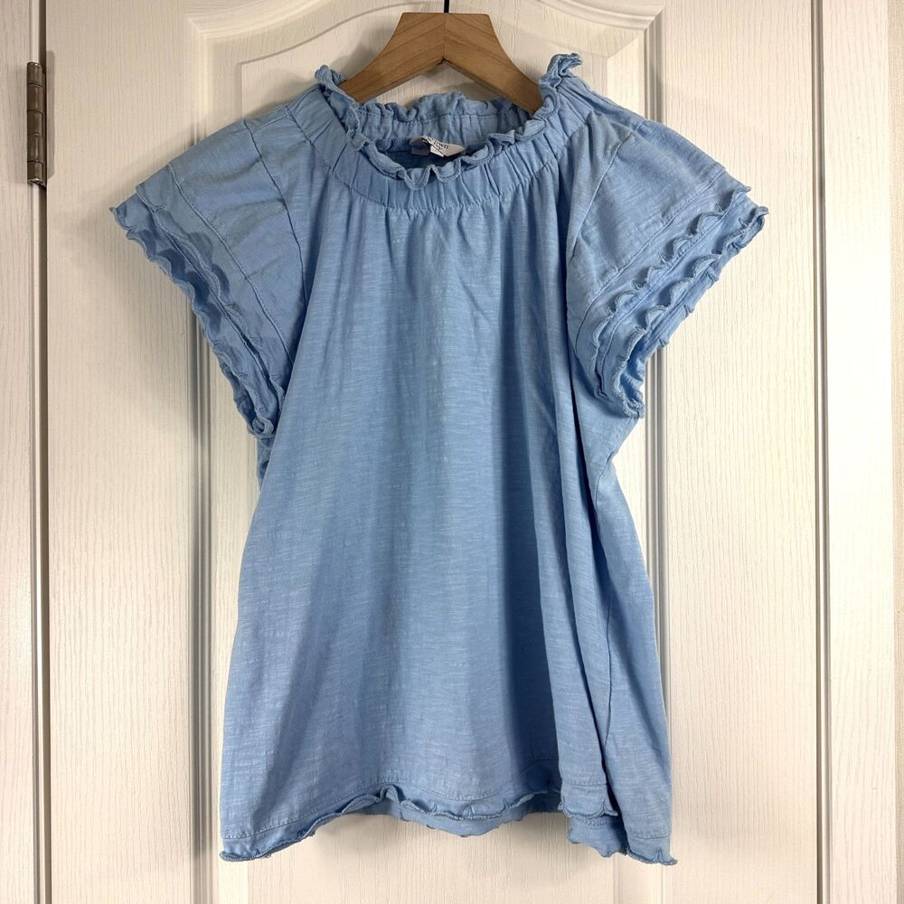 Crown & Ivy Women’s M Blue Ruffle Neck Flutter Sleeve Cotton Blouse